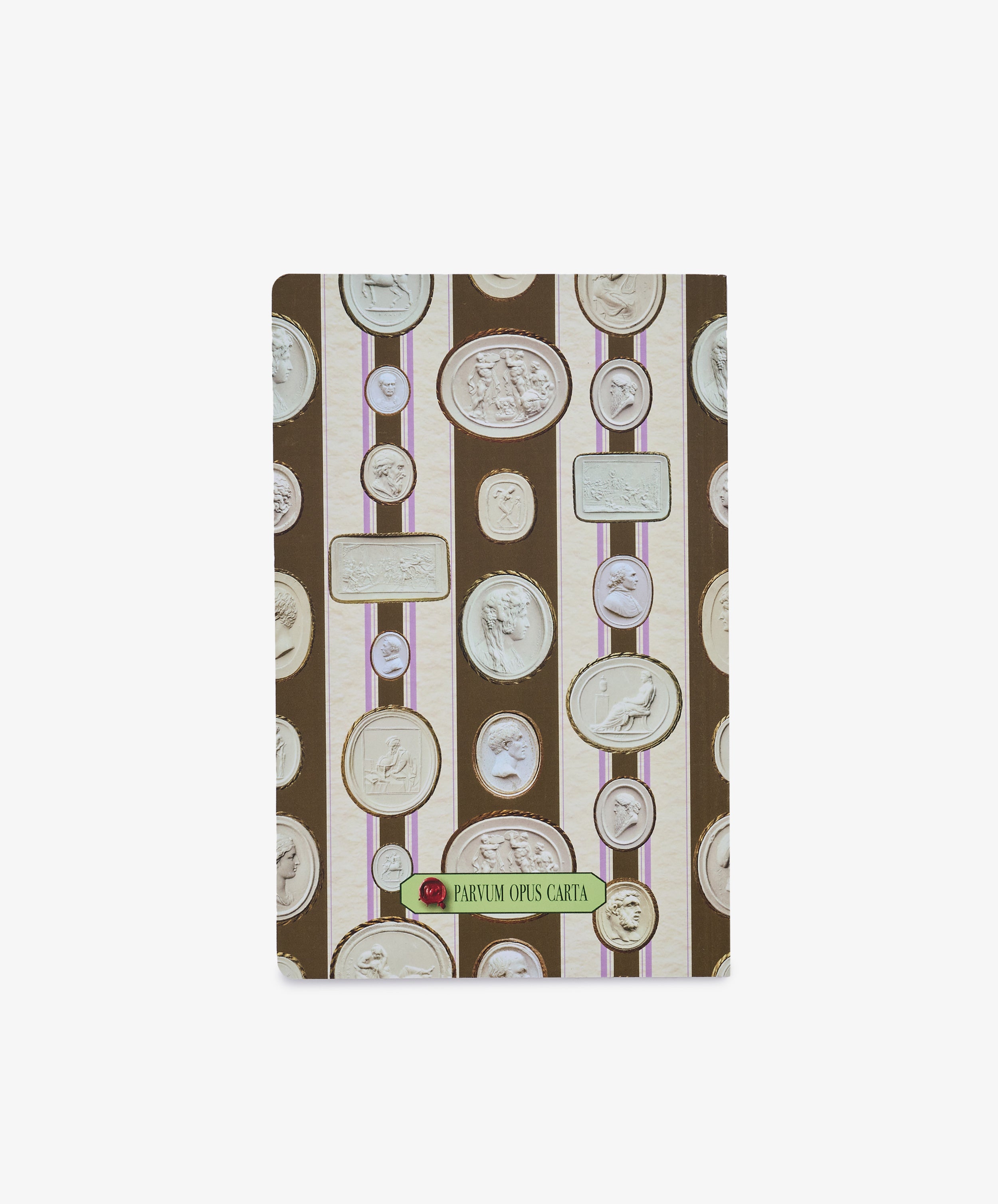 The Intaglio Notebook features a soft brown cover adorned with vertical stripes and white cameo-style medallion motifs. A green label on the front reads “PARVUM OPUS CARTA,” while its acid-free writing paper makes it ideal for preserving your notes and sketches.