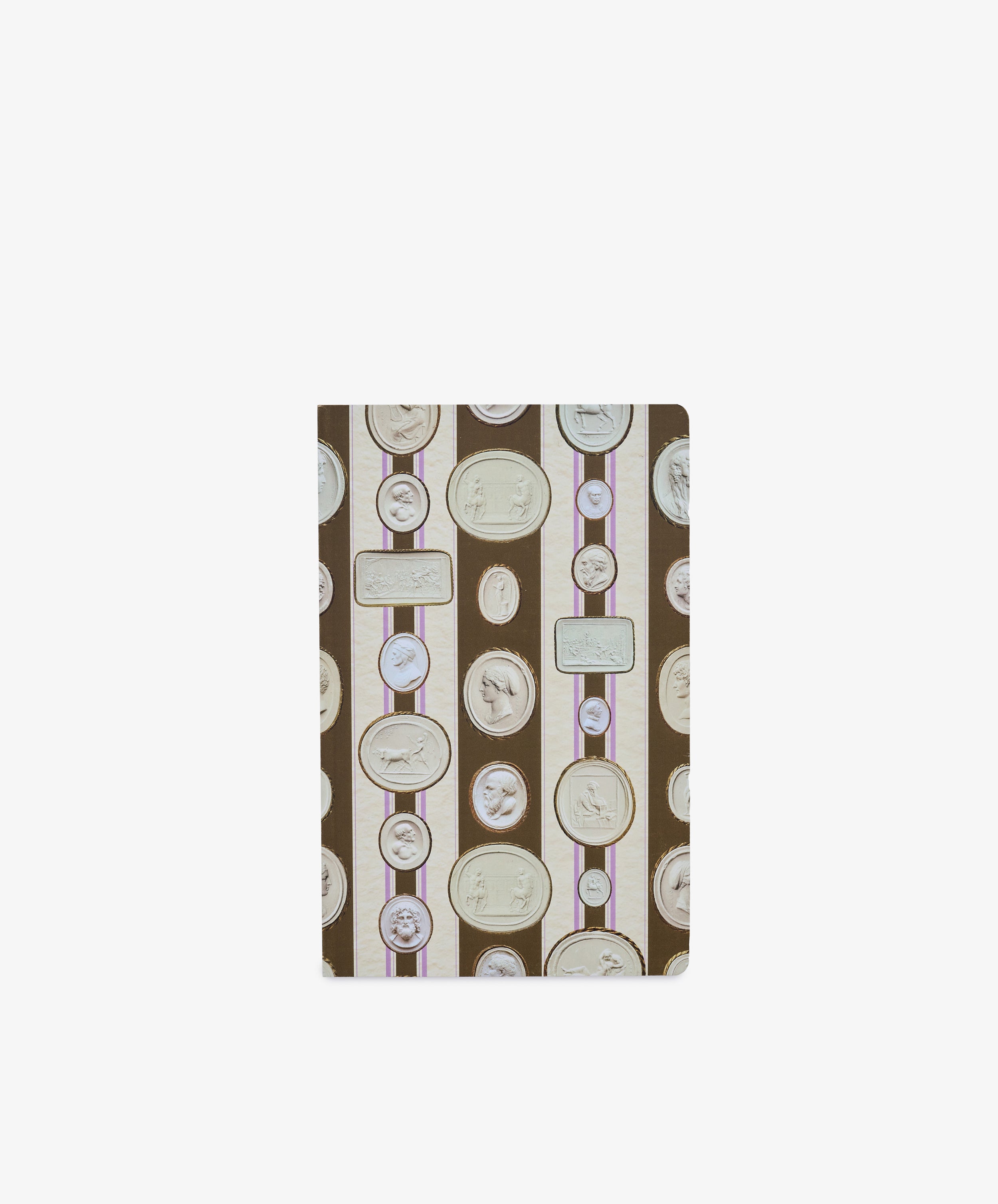 The Intaglio Notebook features a cover adorned with oval and round cameo-style portrait frames set against brown and beige stripes with purple accents, and is crafted with acid-free writing paper to preserve your notes and sketches.