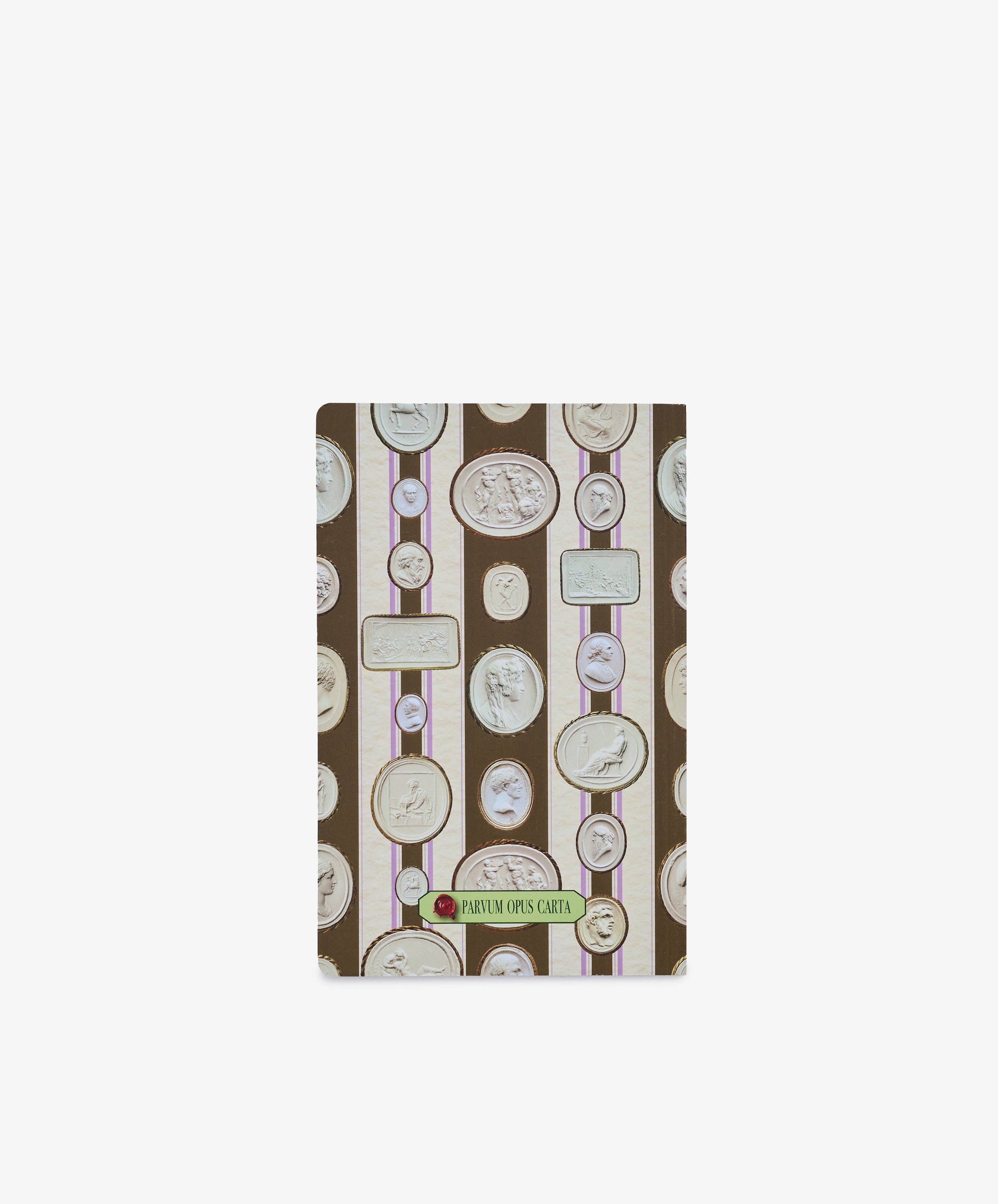 Introducing the Intaglio Notebook—a pocket-sized notebook featuring a cover adorned with vertical stripes and an array of classical cameo portraits in oval frames set against a brown background, crafted with acid-free writing paper for lasting quality.