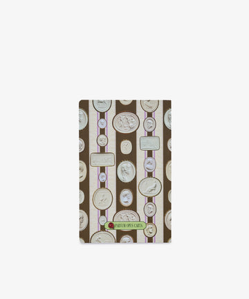 Introducing the Intaglio Notebook—a pocket-sized notebook featuring a cover adorned with vertical stripes and an array of classical cameo portraits in oval frames set against a brown background, crafted with acid-free writing paper for lasting quality.