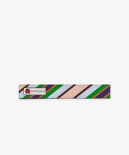 Rectangular box with diagonal stripes in pink, brown, green, blue, and orange—reminiscent of hand-marbled paper—featuring a red logo and Pencil Kit label on the left.