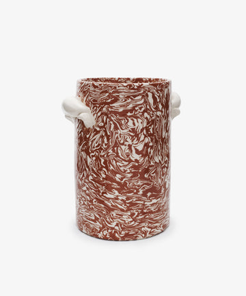 The Celine Wine Cooler is a cylindrical Aptware ceramic piece with a marbled brown and white design and two white handles, shown against a plain white background.