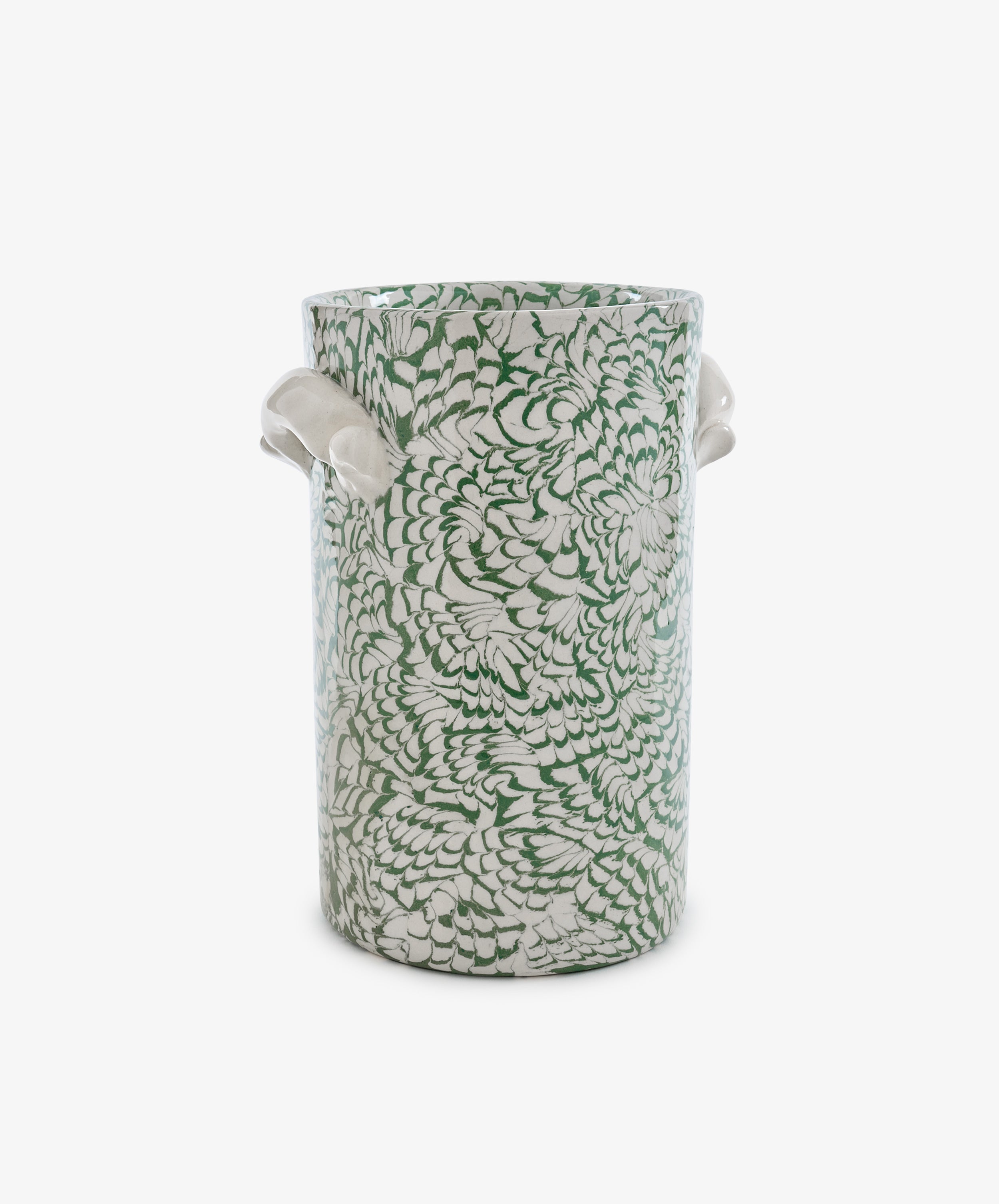 Celine Wine Cooler: Tall cylindrical marbled ceramic wine cooler with two side handles, featuring a green and white floral pattern on a plain white background.