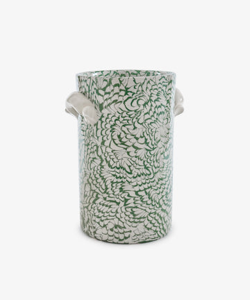 Celine Wine Cooler: Tall cylindrical marbled ceramic wine cooler with two side handles, featuring a green and white floral pattern on a plain white background.