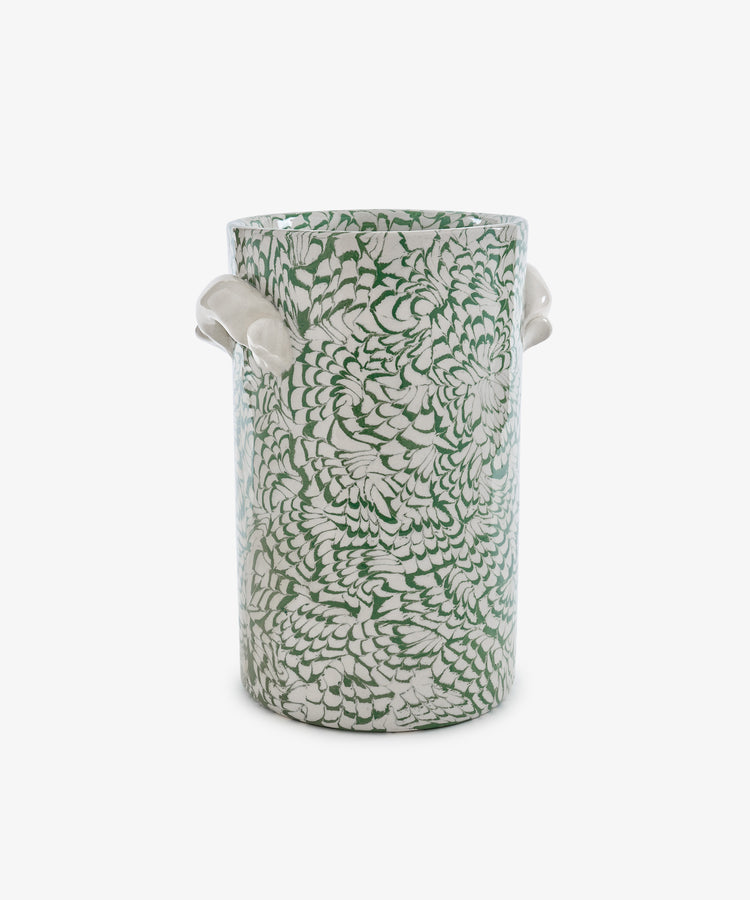 Celine Wine Cooler: Tall cylindrical marbled ceramic wine cooler with two side handles, featuring a green and white floral pattern on a plain white background.