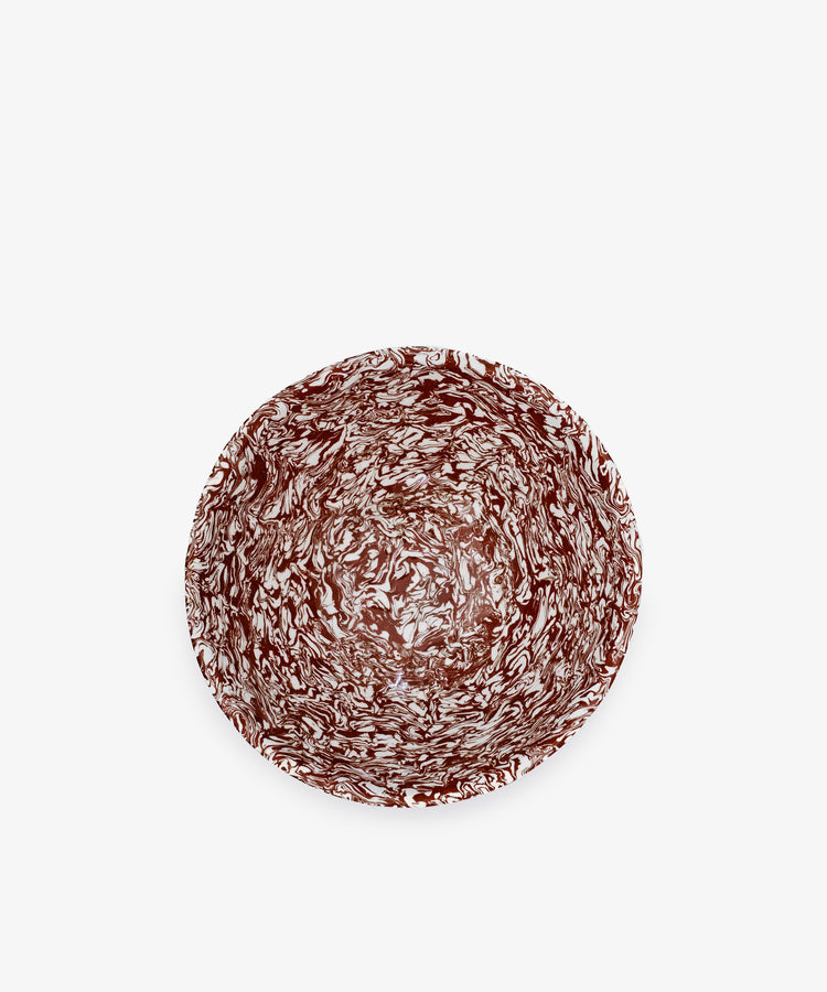The Celine Salad Bowl is a handmade tableware piece featuring striking brown and white marbled patterns, beautifully displayed from above against a plain white background.
