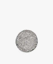 Celine Serving Plate: A handcrafted round ceramic plate showcasing a black and white abstract wavy line pattern inspired by Aptware, elegantly displayed on a plain white background.