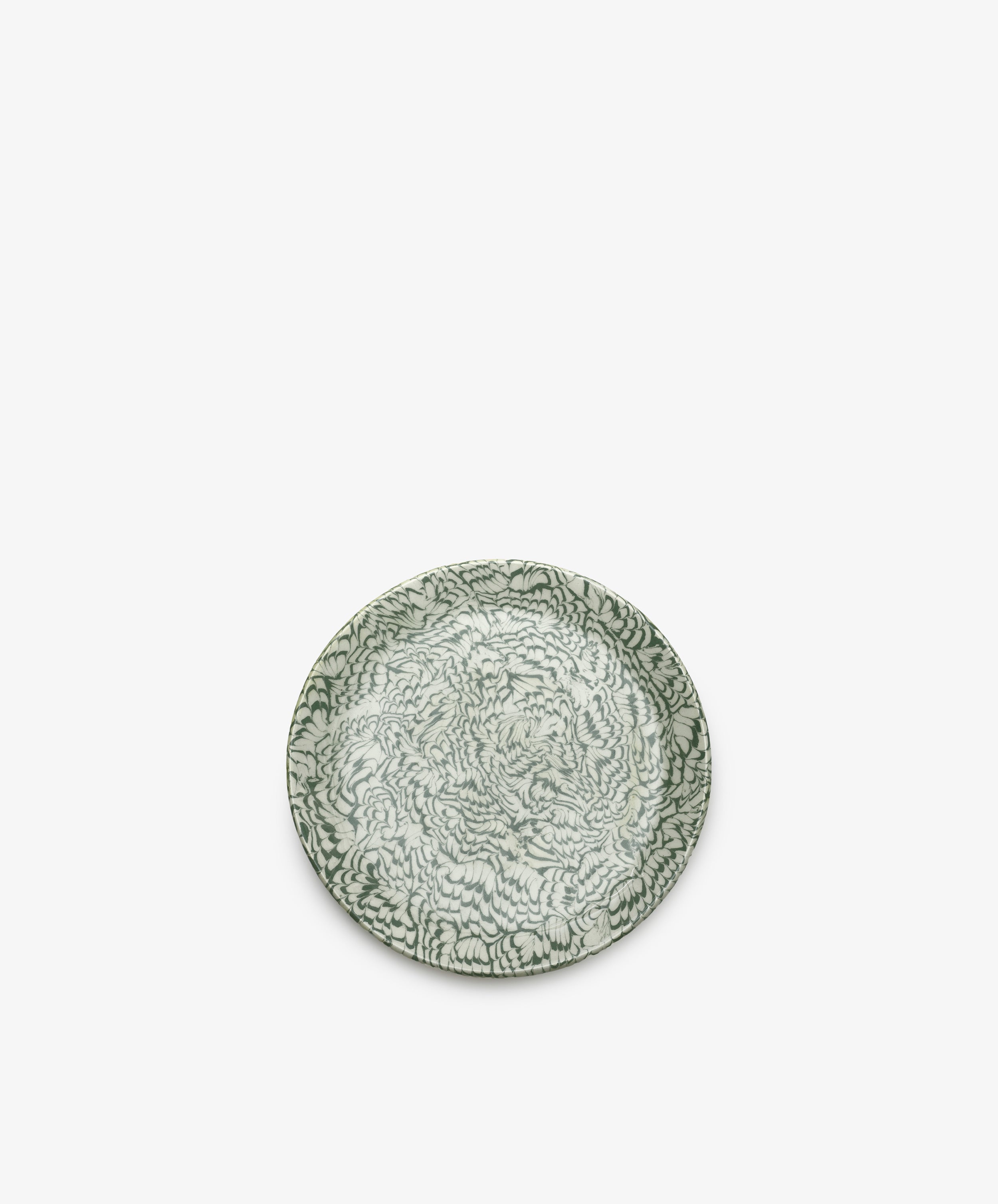 The Celine Serving Plate is a small, round ceramic serving plate showcasing a green and white marbled pattern in the classic Aptware style, displayed against a plain white background.