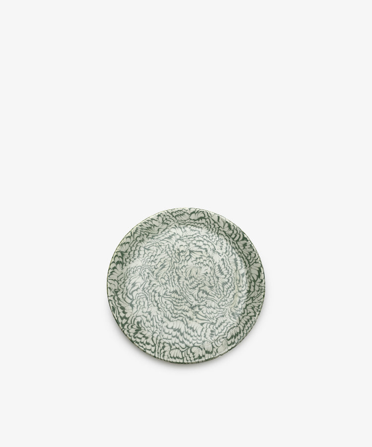 The Celine Serving Plate is a small, round ceramic serving plate showcasing a green and white marbled pattern in the classic Aptware style, displayed against a plain white background.
