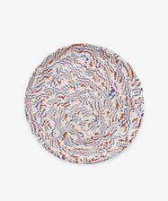 Round ceramic plate with a swirling marbled pattern in white, blue, and rust colors, viewed from above against a plain white background—this Celine Serving Platter beautifully showcases the artistry of marbled ceramics in a unique handmade serving dish.