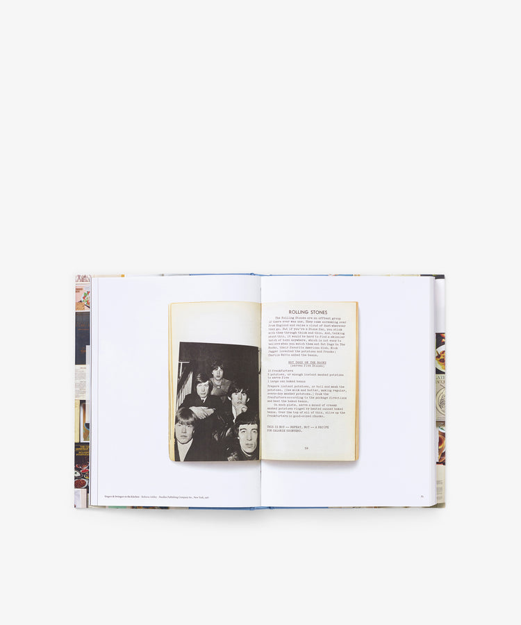 The Cookbook Book is opened to display a black-and-white group photo on the left page and text about the Rolling Stones on the right, capturing a vintage cookbook aesthetic against a white background.