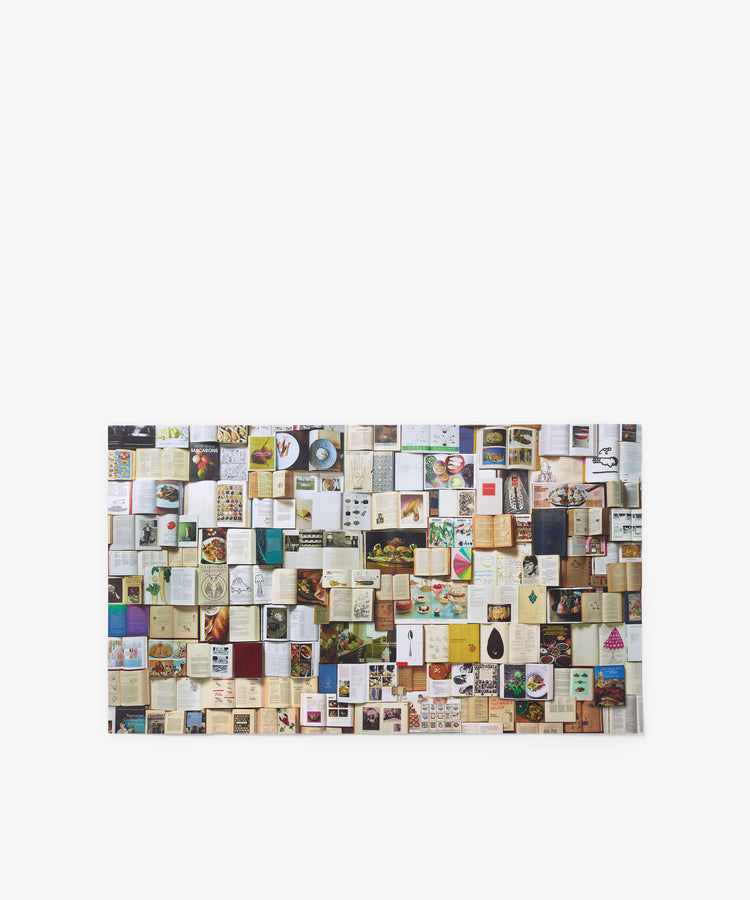 A collection of open books and magazines arranged in a grid pattern, each showcasing various images and text, reminiscent of a curated 