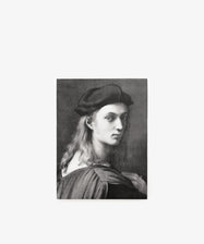 Black and white portrait of a person with long hair wearing a dark beret and cloak, gazing over their shoulder against a plain background—capturing the timeless elegance of the High Renaissance as exemplified by Raphael, celebrated in the Phaidon Classics volume 