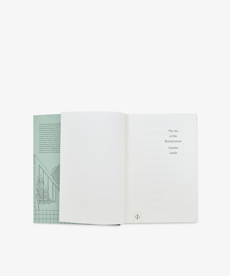 An open book displaying a patterned inside cover and a title page for The Art of the Restaurateur on a plain white background.