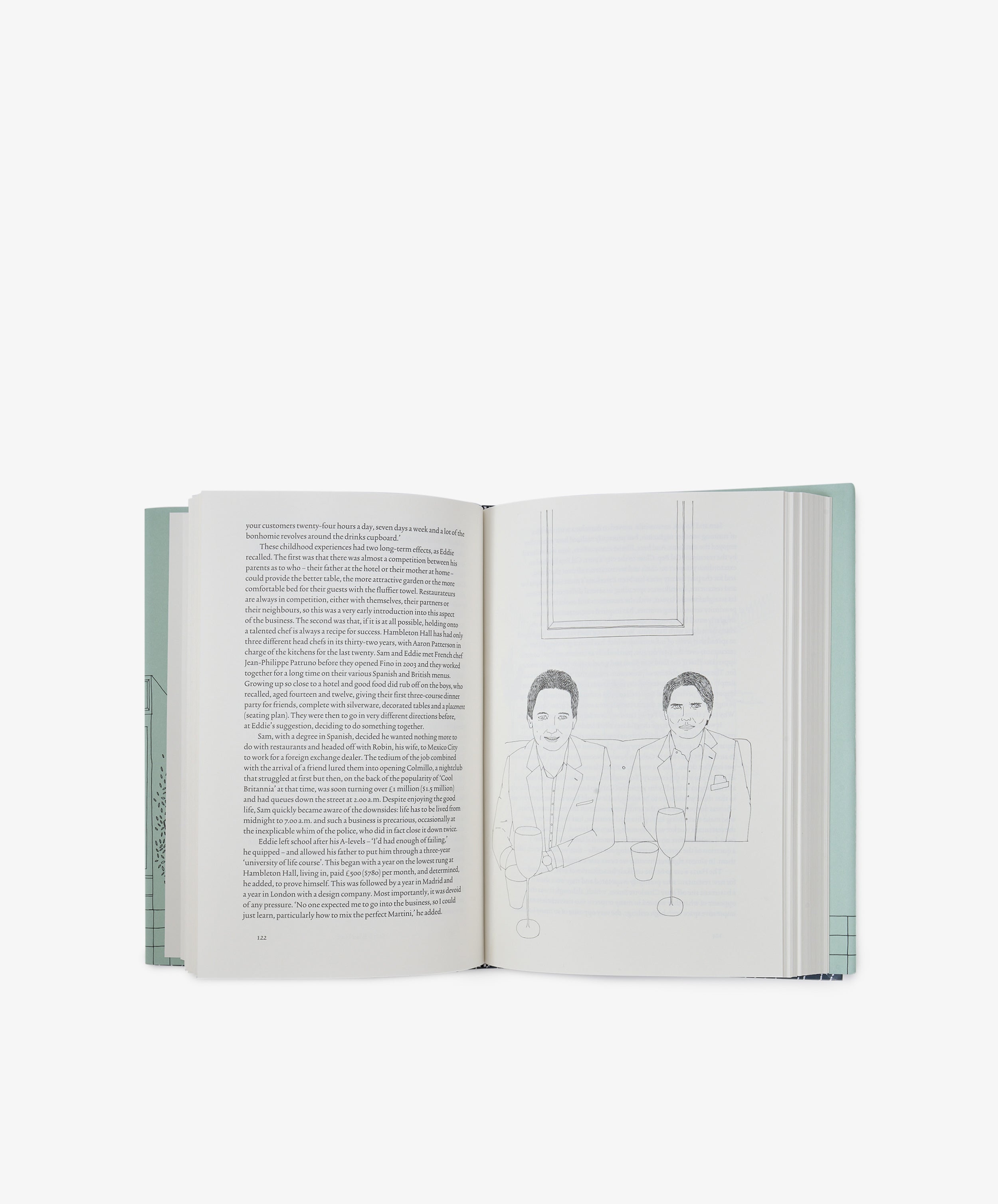 An open book with text on the left page and a minimalist line illustration of two individuals in suits holding drinks on the right, reminiscent of an image from The Art of the Restaurateur, capturing a scene from restaurant management.