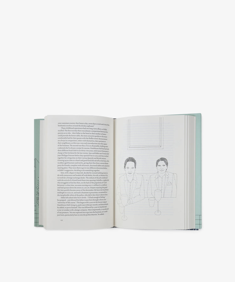 An open book with text on the left page and a minimalist line illustration of two individuals in suits holding drinks on the right, reminiscent of an image from The Art of the Restaurateur, capturing a scene from restaurant management.