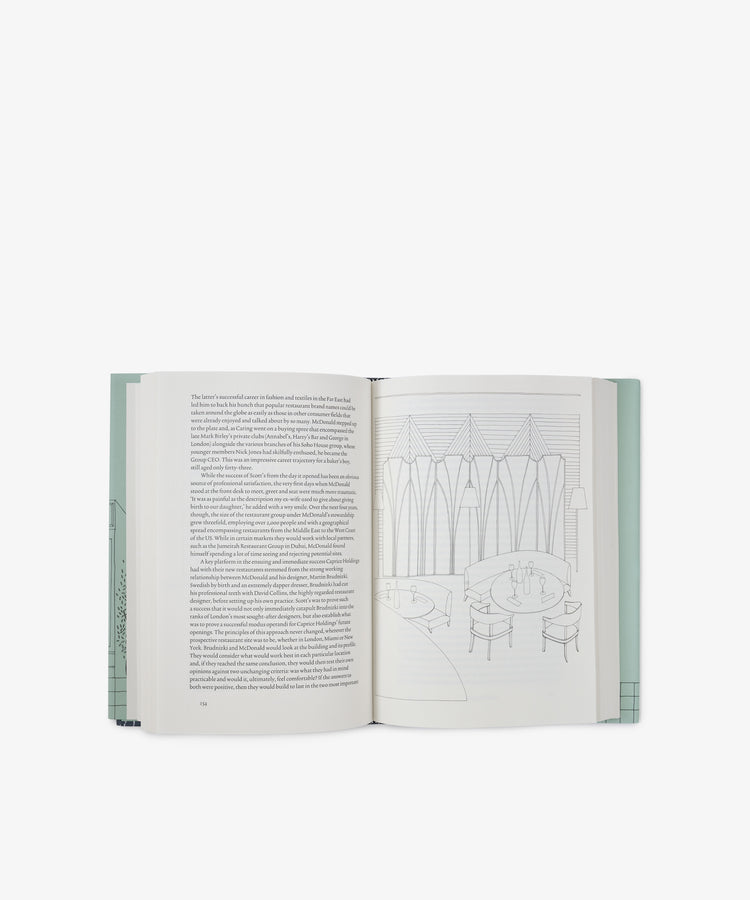 An open book displaying text on the left page and a line drawing of a dining area with arched windows and tables on the right, inspired by The Art of the Restaurateur. This captivating illustration pays tribute to the wisdom found in The Art of the Restaurateur, seamlessly blending literary content with hospitality design.