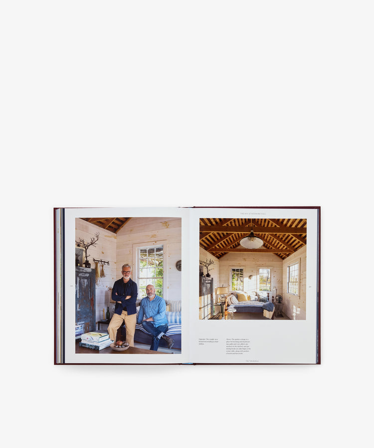 An open copy of The Inn Crowd: Artistic Getaways and the Modern Innkeepers Who Crafted Them displays two photos of people inside a rustic, wood-paneled room with exposed beams and natural light, featuring cozy furniture and decor—capturing the inviting atmosphere often found in Northeast bed and breakfast historic properties.