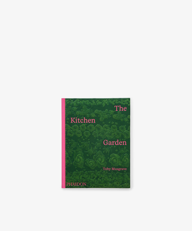 Certainly! Here’s the rewritten sentence using the product data: The Kitchen Garden is a beautifully designed volume featuring a green cover adorned with a cabbage pattern, pink text, and a pink spine—a book that delves into garden history and the art of growing gardens.
