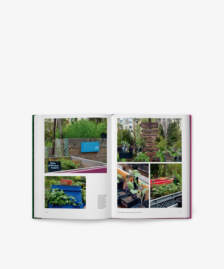 An open copy of The Kitchen Garden displays photos of a community garden, featuring raised beds, plant markers, a wooden signpost, and an array of leafy plants in containers—capturing both the evolving garden design and the spirit of growing gardens.