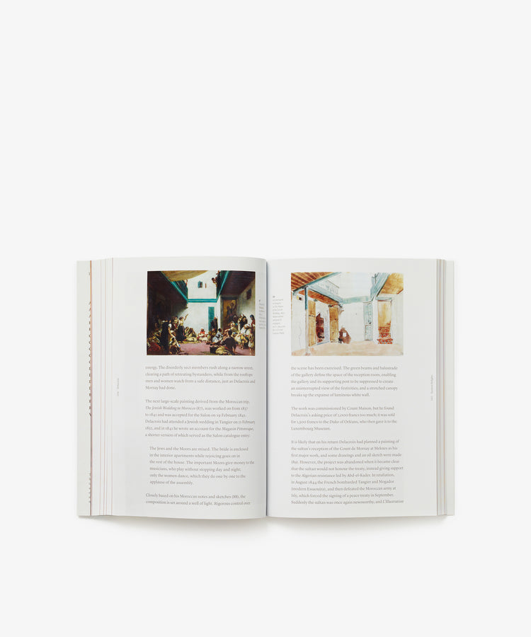 An open book displaying two pages featuring text and images of paintings from 