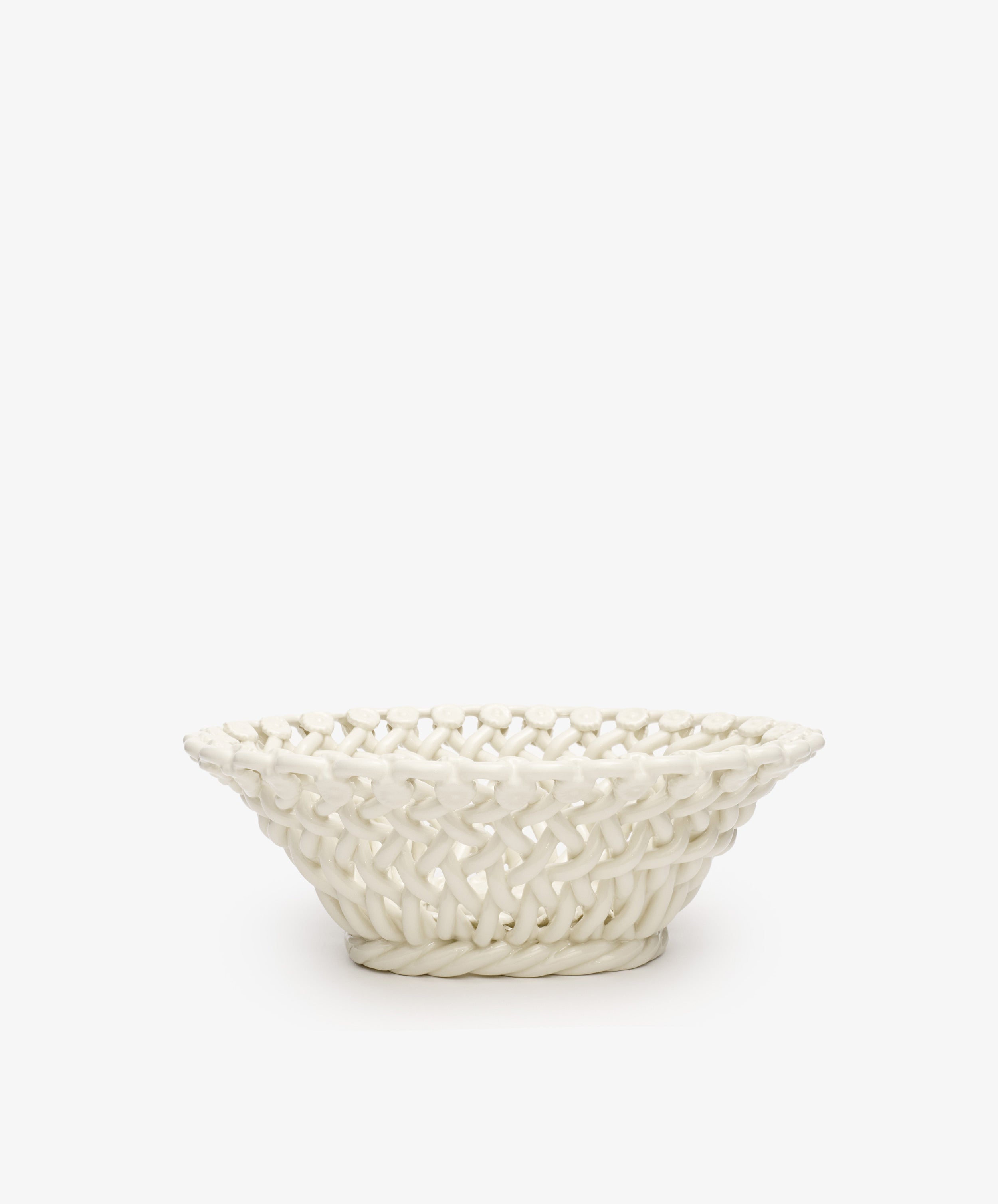 The Remi Decorative Flower Fruit Bowl features a woven lattice design crafted from hand-braided white ceramic, displayed against a plain white background for a sculptural statement.