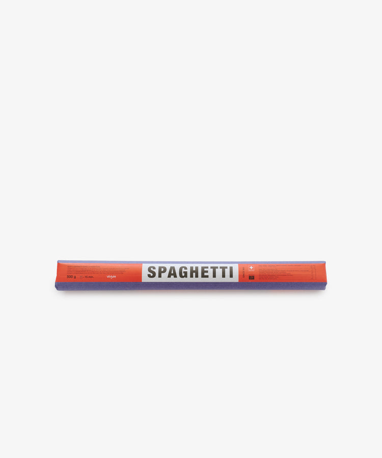 Front view of spaghetti packet.