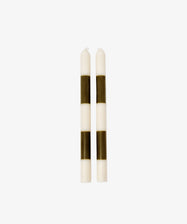 Two Hampstead Candles, white with three evenly spaced black horizontal stripes each, stand upright side by side on a plain white background.