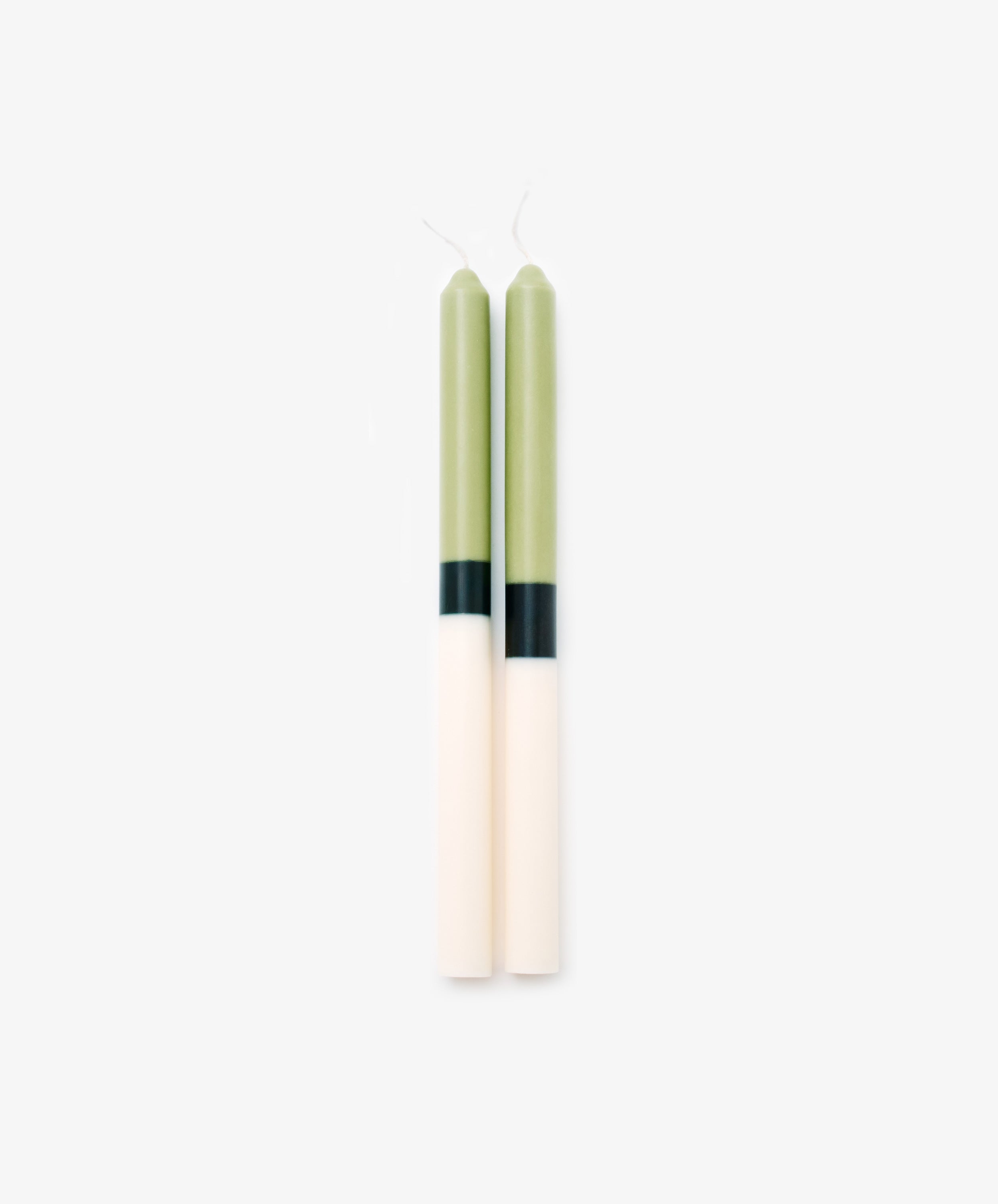 Pottingshed Candle. Pair of green and ivory candles. Front view.