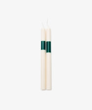 Petersham Candle. Pair of ivory and green candles. Front view.