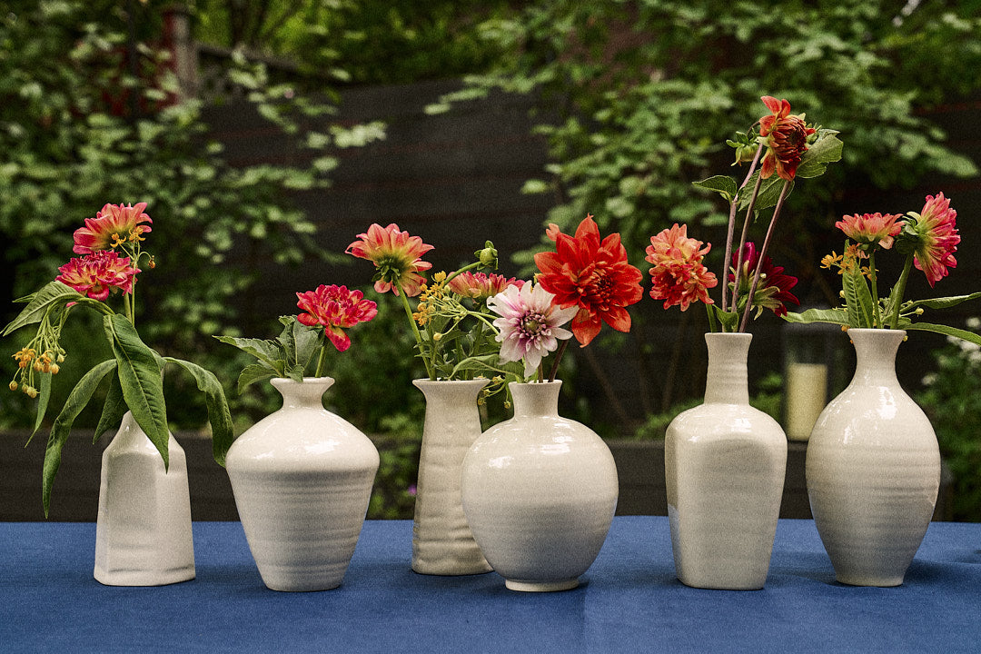 Six Cirrus Bud Vases, each crafted from white ceramic and designed to elegantly display vibrant flowers, are lined up on a blue tablecloth with green foliage in the background—a signature arrangement evocative of Frances Palmer’s artistry.
