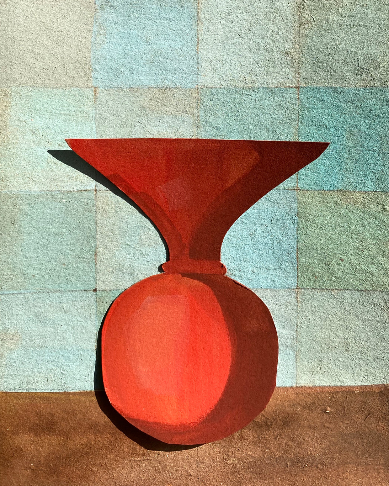 Red vase on a checkered floor