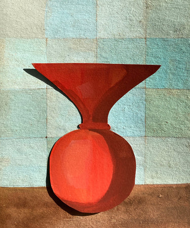 Red vase on a checkered floor
