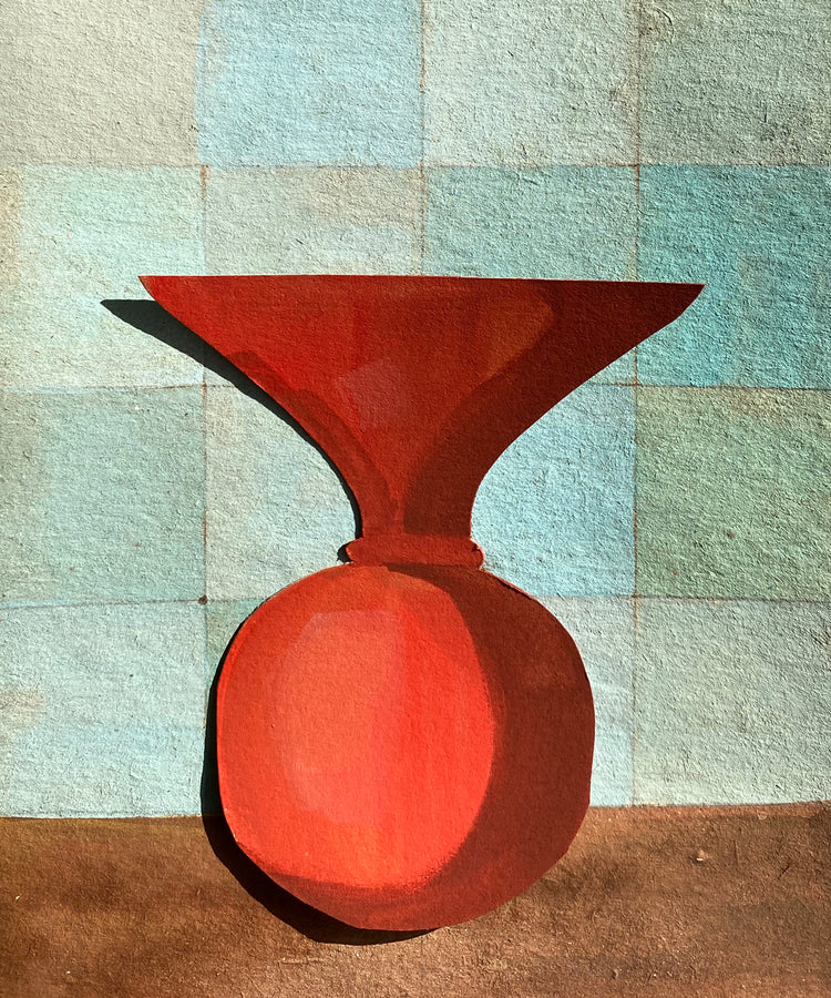 Red vase on a checkered floor