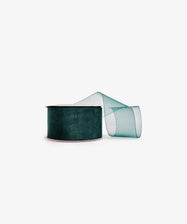 Sheer Organza Ribbon in semi-transparent dark green, partially unrolled and curved on a white background—ideal for luxury gift wrapping.