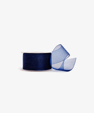 A spool of Sheer Organza Ribbon in blue with part unrolled and curving upward, displayed on a plain white background.