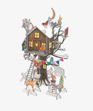 The Christmas Treehouse Advent Calendar features a festive treehouse with animals, a ladder, snowman, stars, banners, and snowy branches—perfect for a whimsical countdown to the season and bringing holiday tradition to life.