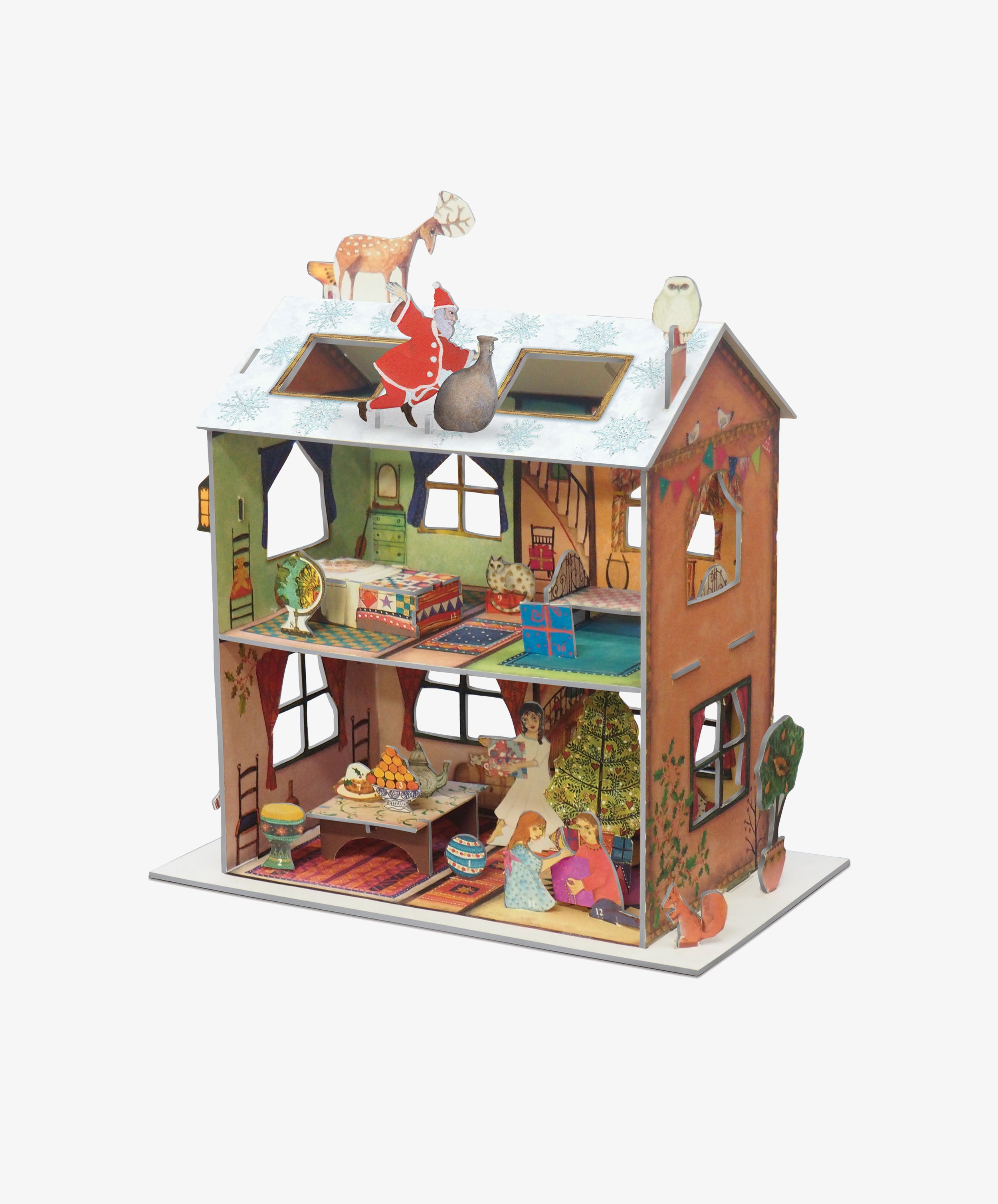 The Night Before Christmas Advent Calendar is a colorful two-floor dollhouse diorama, decorated for the holidays with Santa and a reindeer on the snowy roof, and festive rooms inside featuring figures, gifts, and a holiday table.