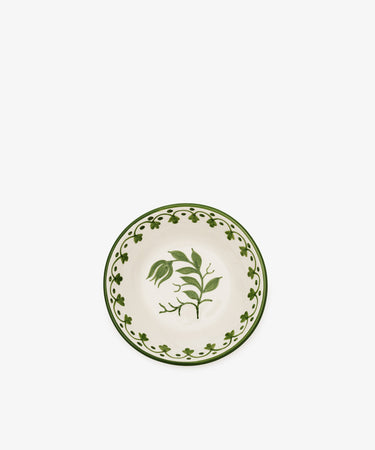 The Esmeralda Cereal Bowl, Set of 4, features a handmade design with green floral patterns and a decorative green border on a white ceramic background.