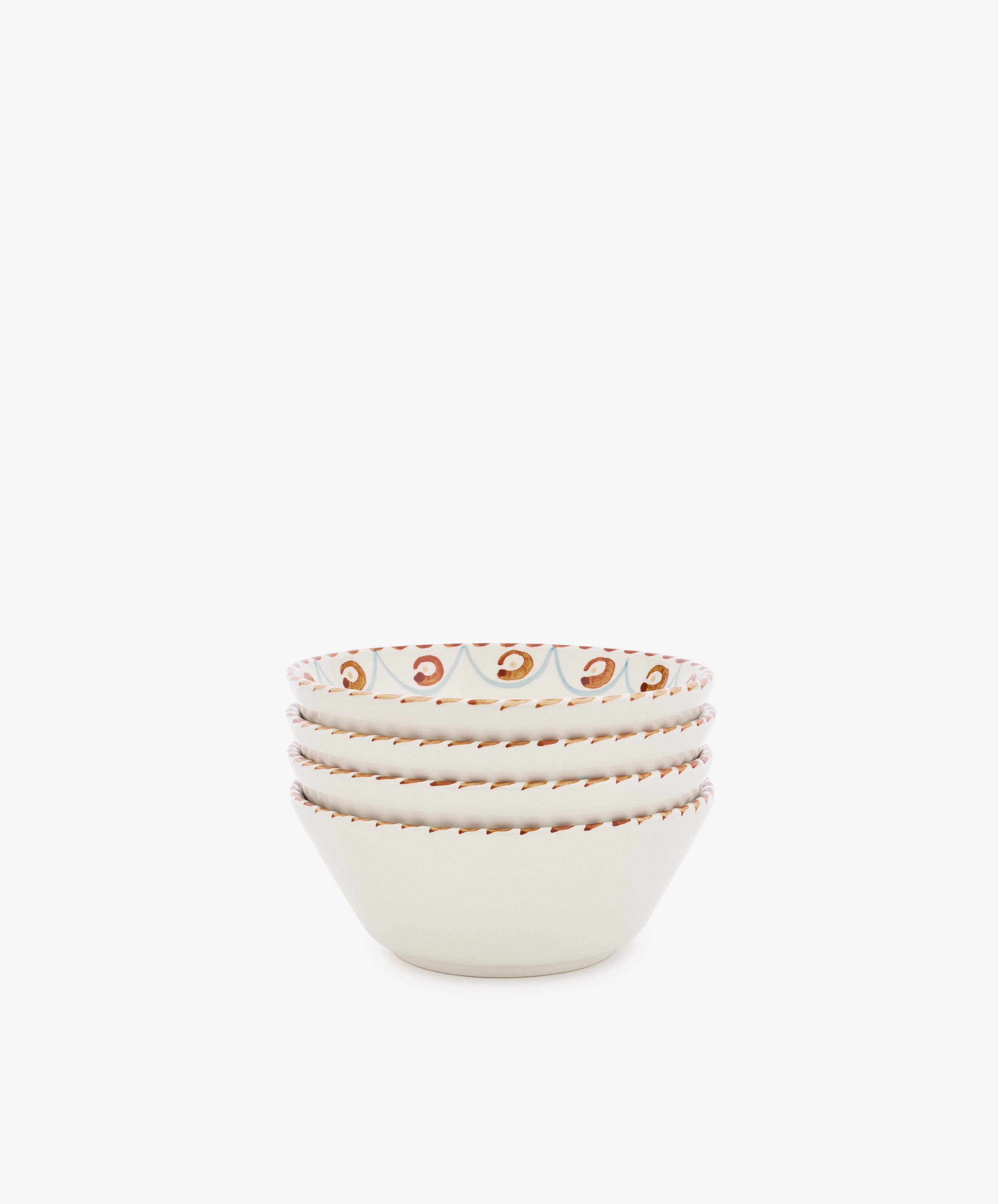 A set of four Ottoline Cereal Bowls, hand-painted in cream with brown and red rim patterns, inspired by the Tess Newall collection—perfect artisanal tableware for your home.