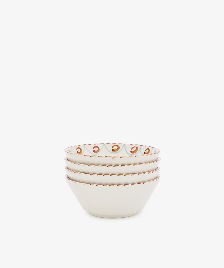 A set of four Ottoline Cereal Bowls, hand-painted in cream with brown and red rim patterns, inspired by the Tess Newall collection—perfect artisanal tableware for your home.