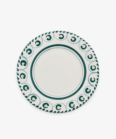 Set of 4 Ottoline Dinner Plates featuring a round ceramic design with a white center and decorative green and blue patterned rim, part of the Tess Newall hand-painted collection, displayed on a plain white background.