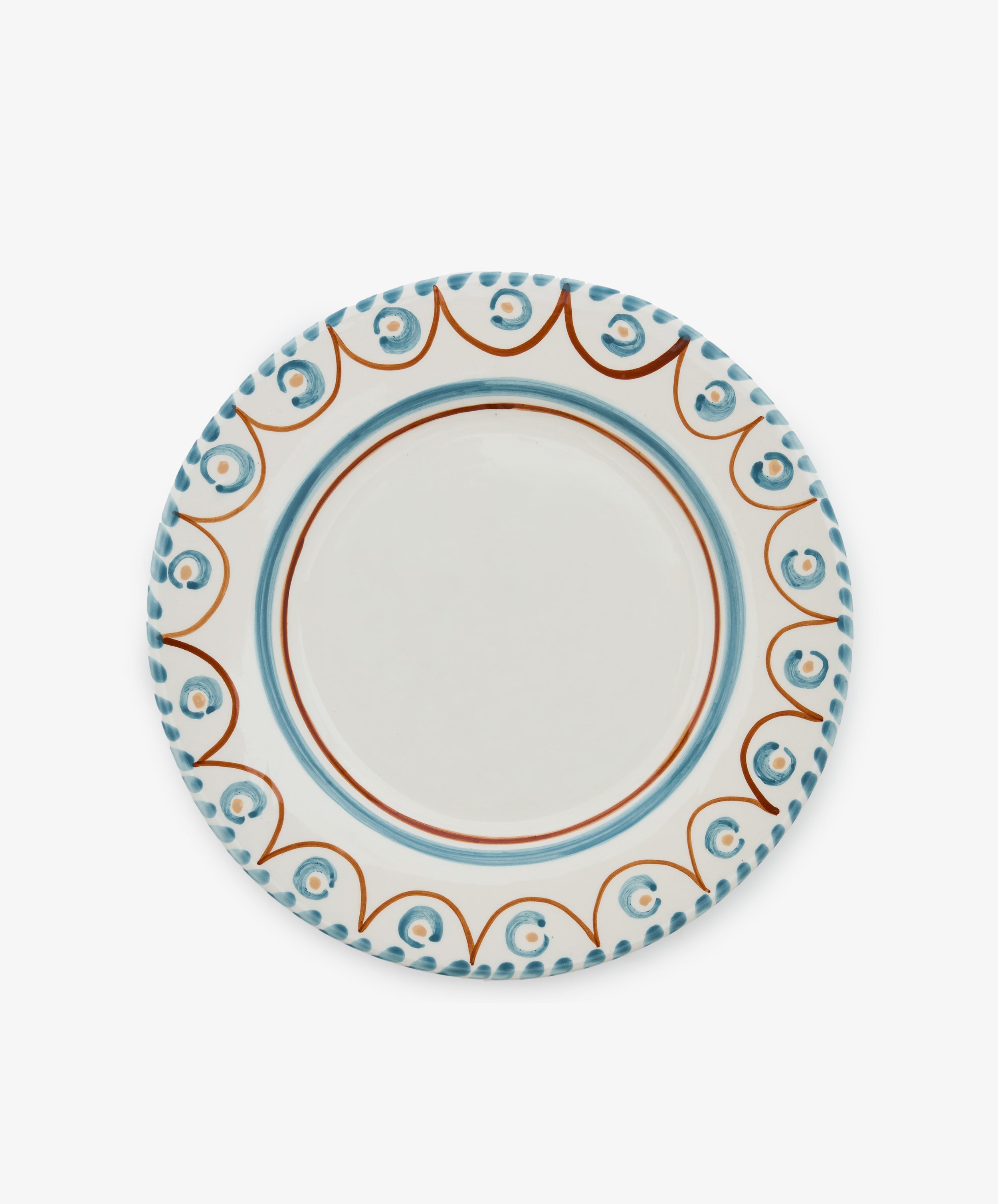 The Ottoline Dinner Plate, Set of 4, features round ceramic plates with white centers and decorative blue and brown rims inspired by Tess Newall’s hand-painted designs, shown against a plain white background.