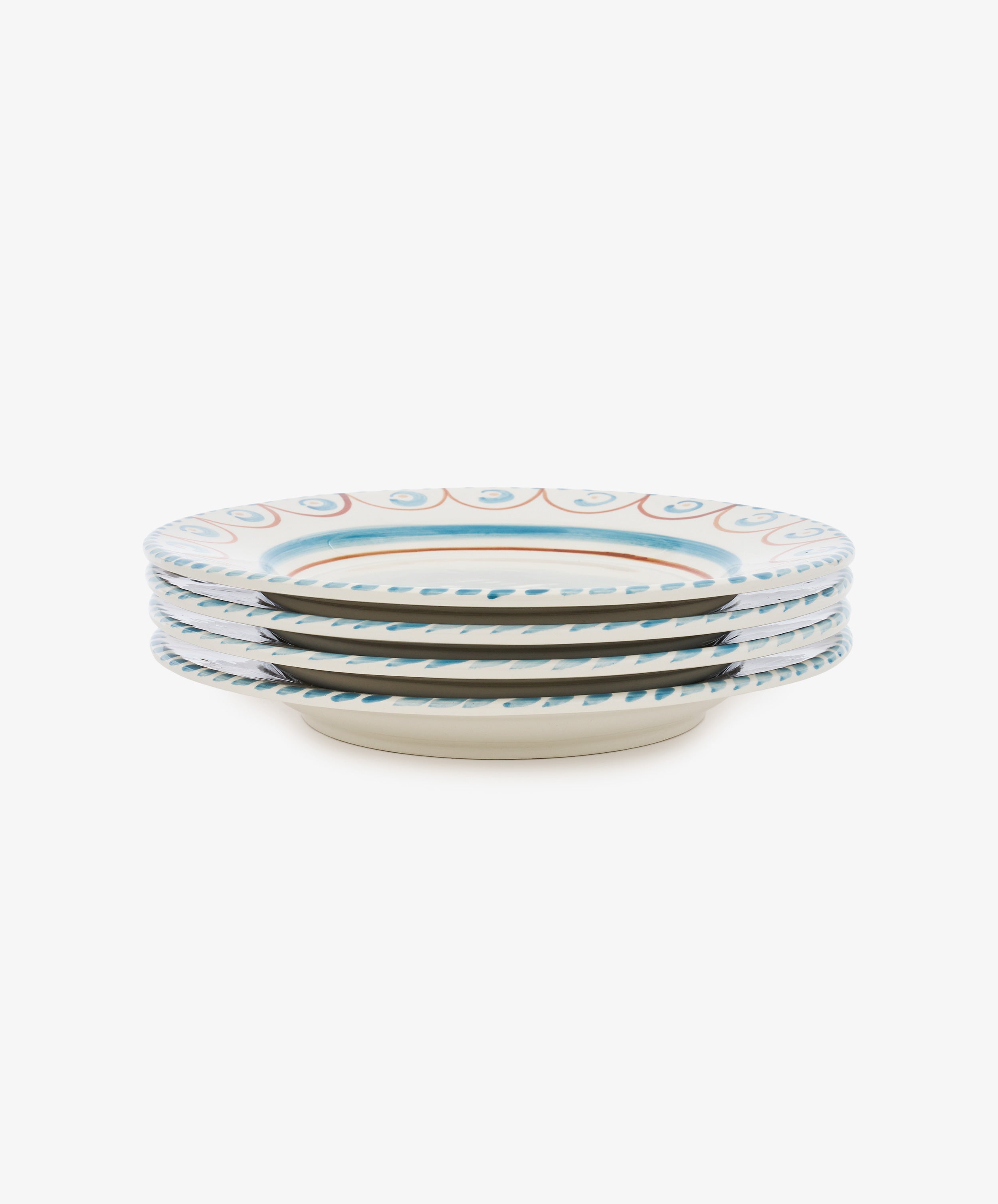 A set of four Ottoline Dinner Plates by Tess Newall, each hand-painted with a blue and orange decorative rim, displayed on a white background.