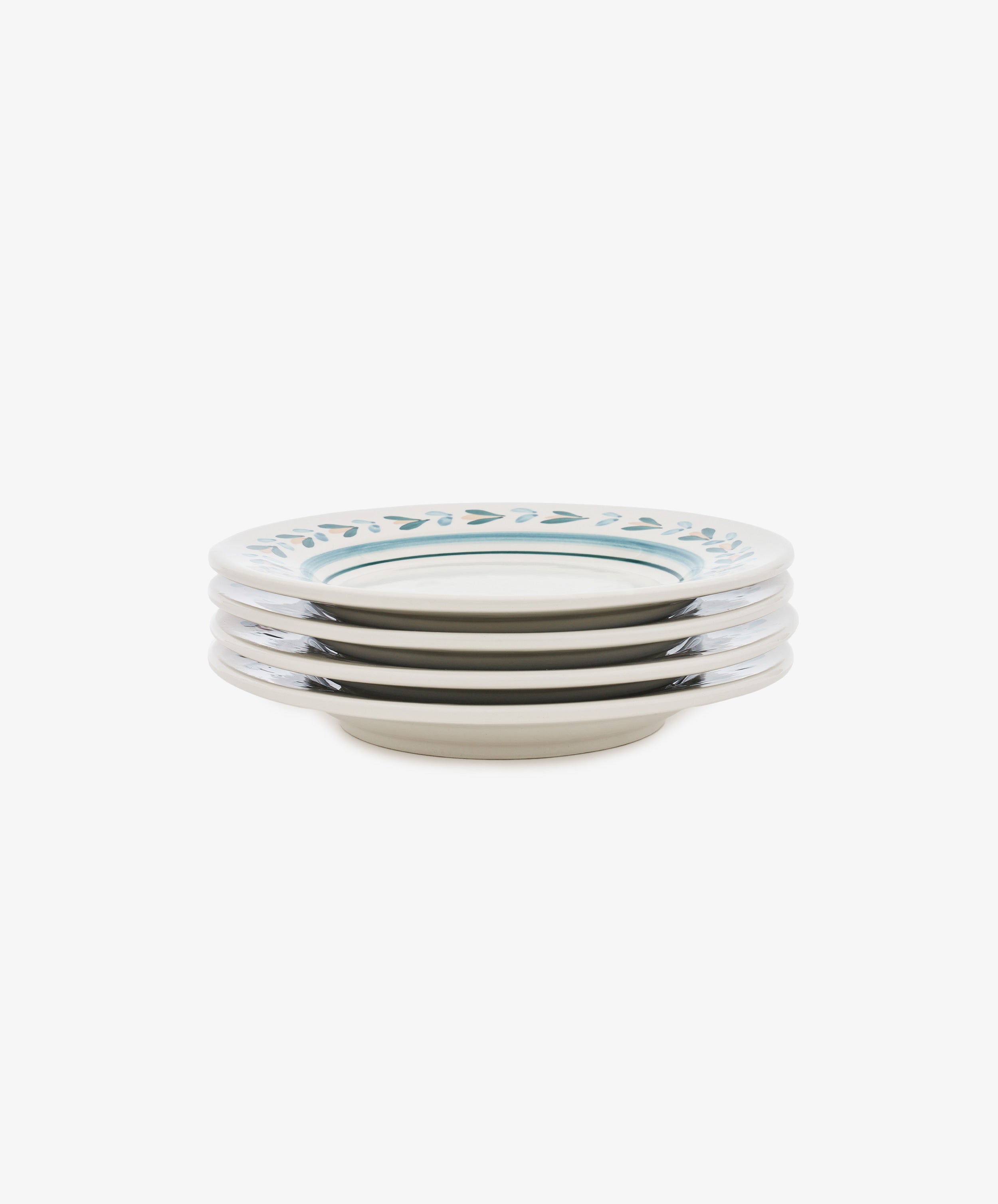 The Ottoline Small Plate, Set of 4, features white ceramic plates with a blue leaf pattern around the rim, displayed on a plain white background.