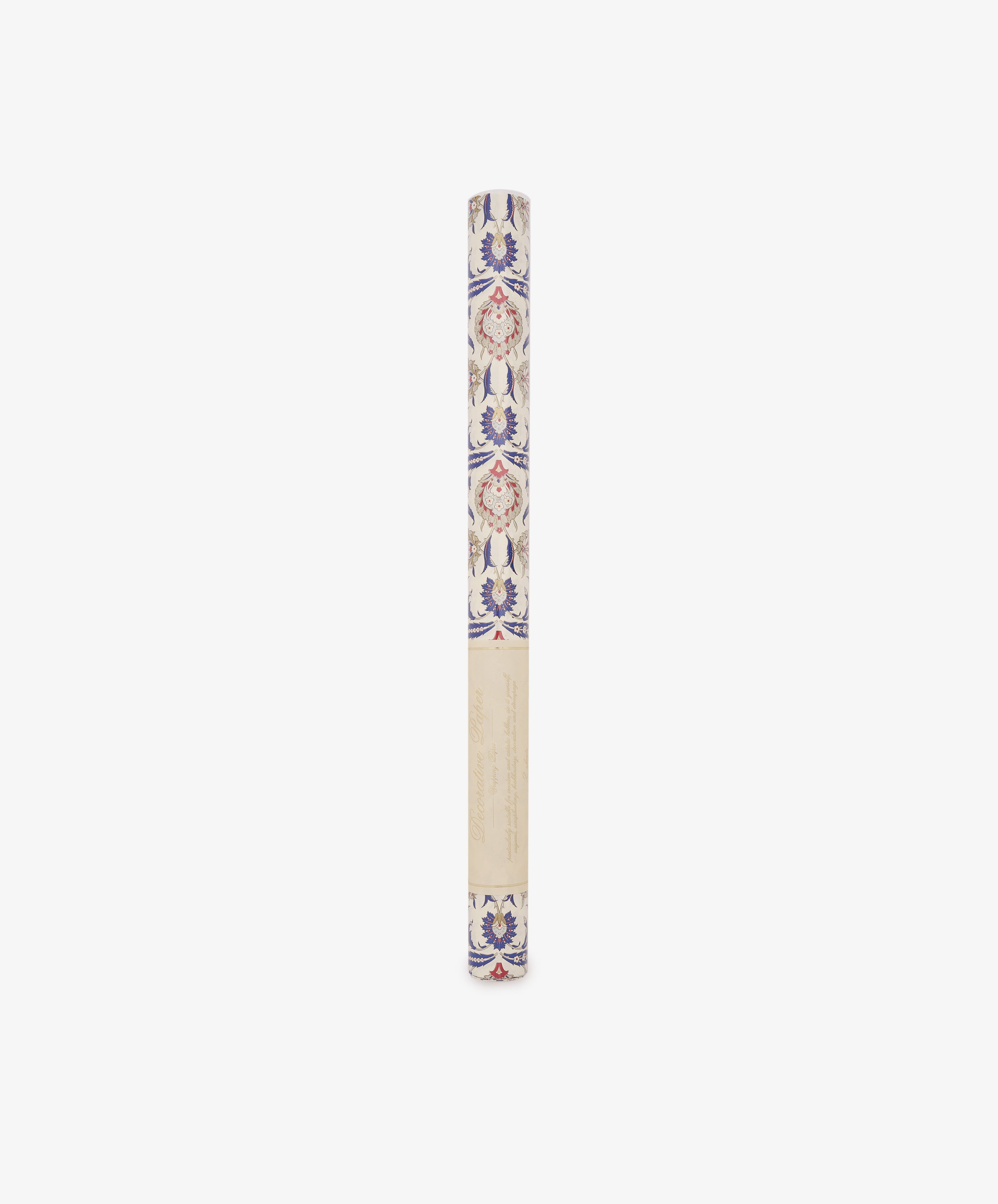 Arabesque Gift Wrap, a rolled sheet of decorative paper showcasing a sophisticated blue and red floral Arabesque pattern, is displayed vertically against a white background.