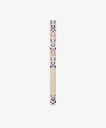 Arabesque Gift Wrap, a rolled sheet of decorative paper showcasing a sophisticated blue and red floral Arabesque pattern, is displayed vertically against a white background.