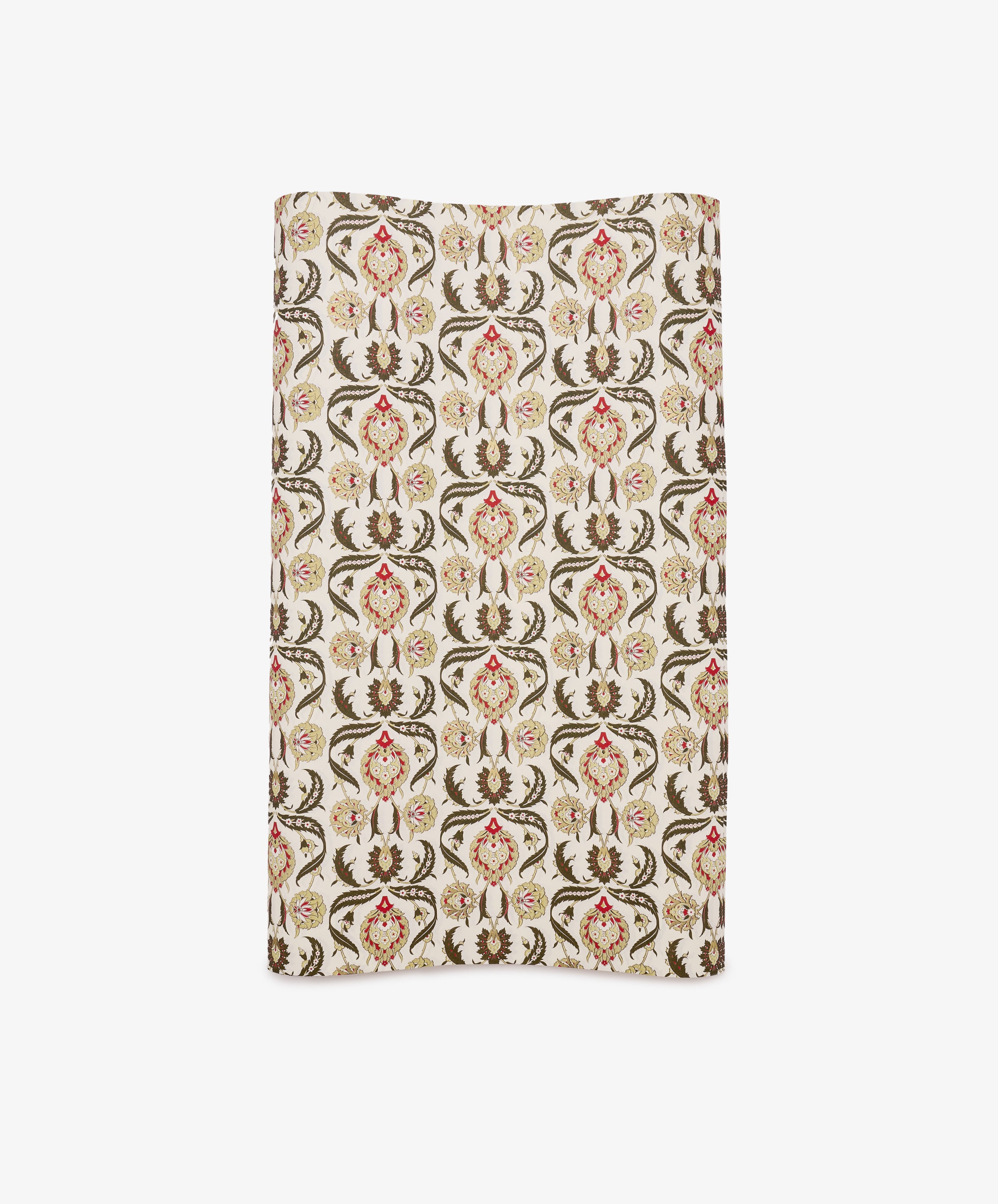 Arabesque Gift Wrap featuring a repeating ornate floral and vine pattern in brown, red, and beige tones on a white background.