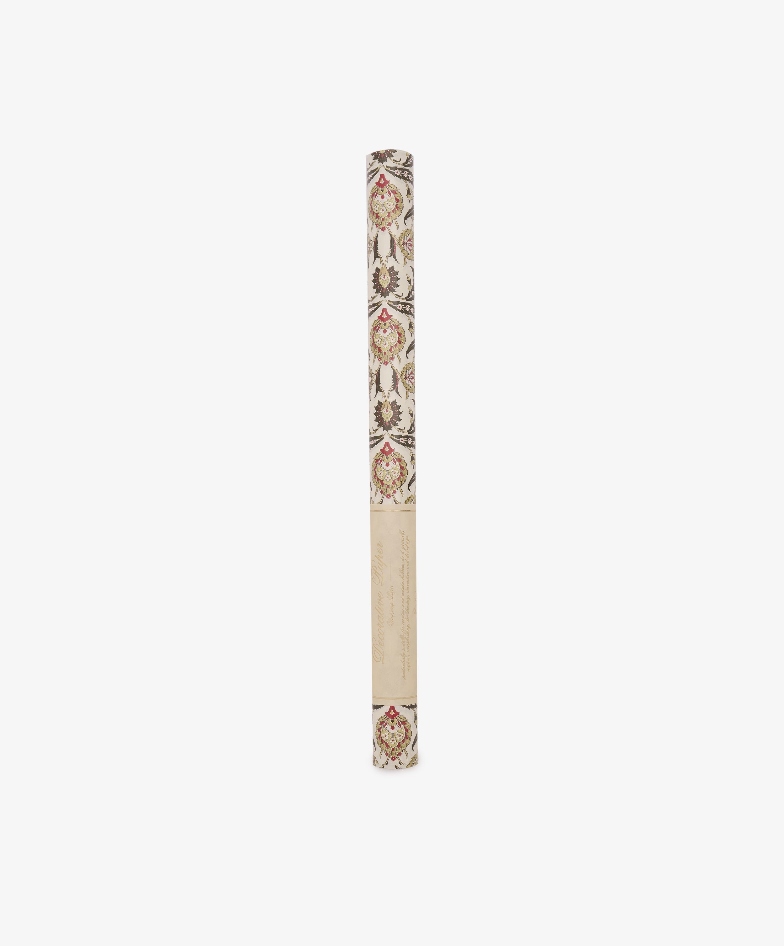 A rolled tube of Arabesque Gift Wrap, featuring elegant floral motifs and a leaf pattern in red, brown, and beige tones, displayed upright on a white background.