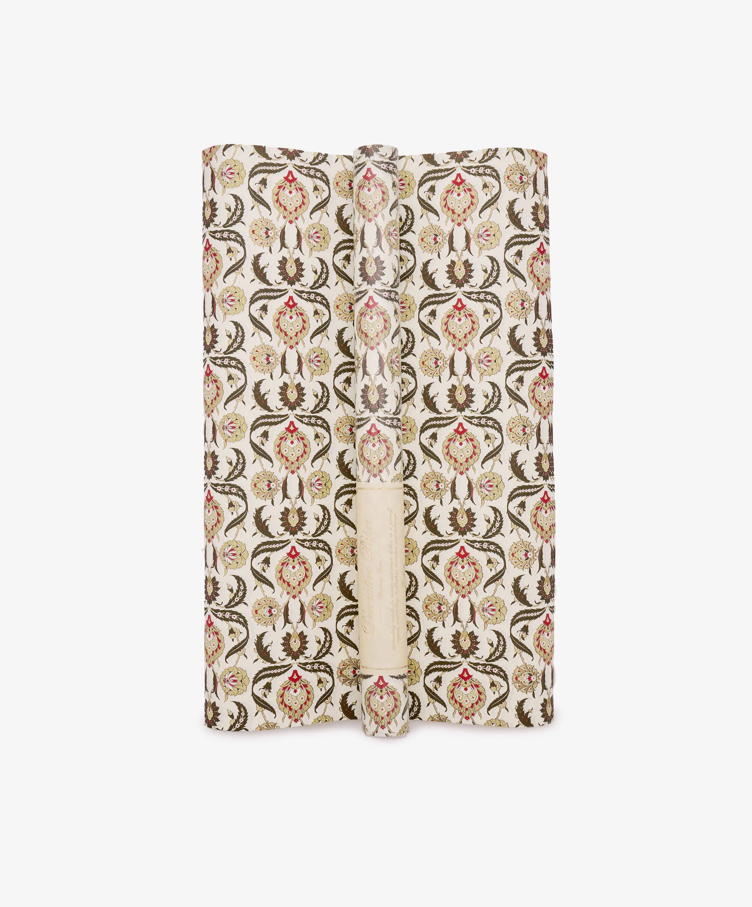 Arabesque Gift Wrap with a patterned floral and vine motif featuring a delicate arabesque design, shown spread out and facing upwards against a white background.